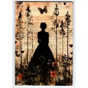 Vintage Style Halloween Postcard Silhouette Woman & Butterfly 5.5x4"